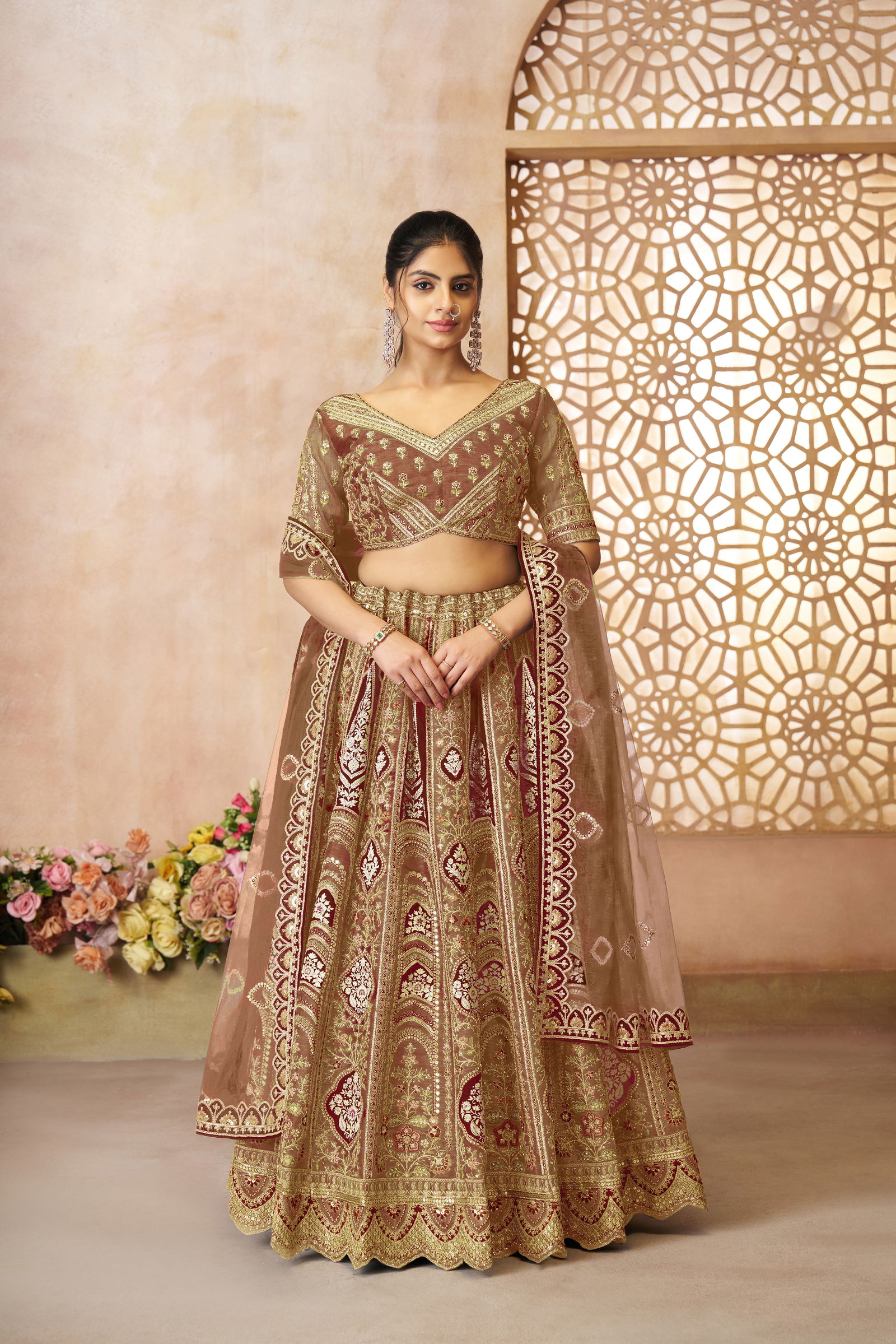 Kf 31 Coffee Banarasi Silk Embroidered Lahenga For Wedding Wholesale Suppliers In Mumbai